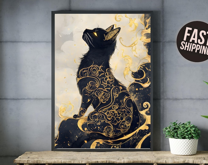 Dark Fantasy Black Cat Gold Foil Art Canvas or Poster Print Wall Art - Mystical Feline Ready to Hang Canvas for Home, Office, Living Room