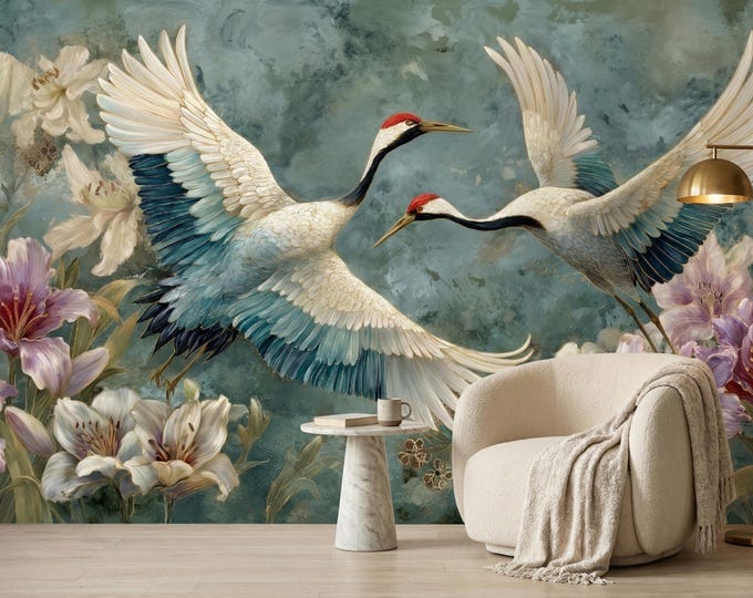 Crane Bird & Lily Wallpaper – Elegant Botanical Peel and Stick Wall Mural