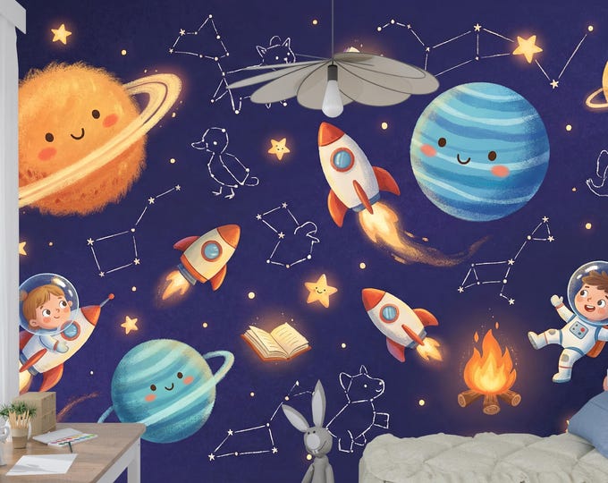 Whimsical Space Nursery Wallpaper, Astronauts, Planets, Storybook Kids Room Decor, Peel and Stick Mural