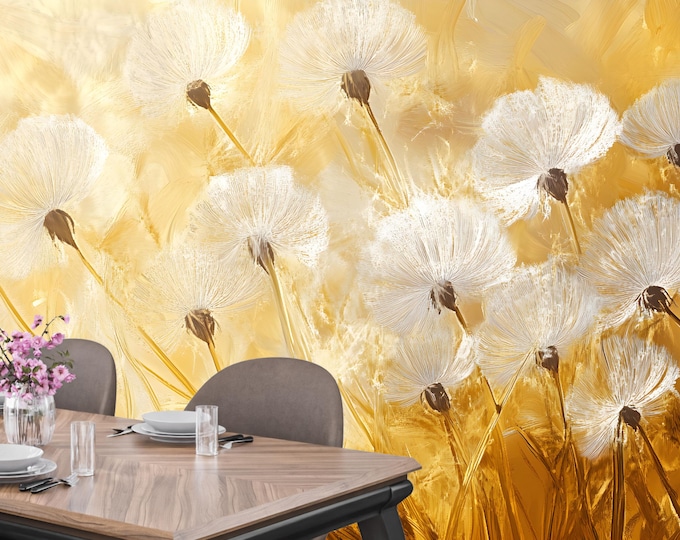 Golden Dandelion Wallpaper Mural Decal – Abstract Botanical Flower Accent, Peel and Stick for Modern Bedroom or Living Room