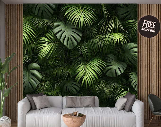 Botanical Tropical Green Palm Leaf Peel and Stick Wallpaper Mural Decal - Monstera and Palm Leaves Decor for Living Room, Bedroom, or Office