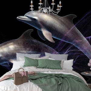 Carta da parati murale astratta con delfini - Moderna decorazione da parete con oceano, spazio nero, staccabile e attaccabile, arredamento marino contemporaneo, cameretta per bambini o soggiorno