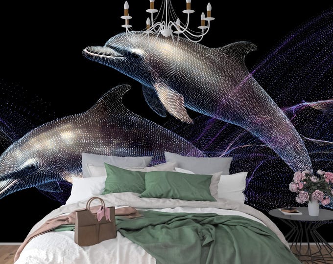 Abstract Dolphin Wallpaper Mural – Modern Ocean Wall Art, Black Space, Peel & Stick, Contemporary Marine Decor, Kids Room or Living Room