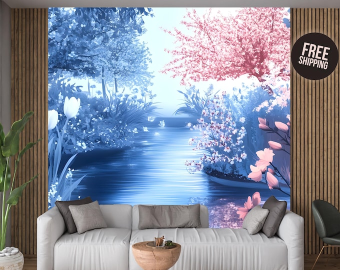 Pink and Blue Floral Landscape Peel and Stick Wallpaper Mural Decal for Living Room, Bedroom, or Nursery Accent Decor