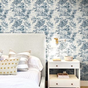 Carta da parati in stile toile de france - Carta da parati panoramica Chinoiserie blu / Decorazione murale pastorale / Carta da parati storica shabby chic / Stacca e attacca o incolla