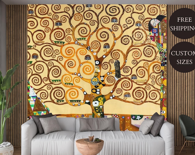 Gustav Klimt Tree of Life Art Nouveau Peel and Stick Wallpapers Mural Decal for Elegant Home Decor, Vinyl or Non-Woven Prepasted Paper