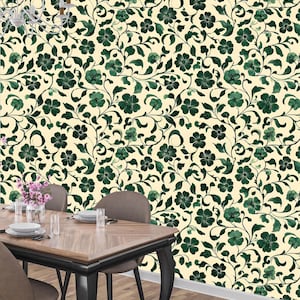 Carta da parati murale botanica floreale verde retrò vintage – Carta da parati tradizionale permanente rimovibile e adesiva per camera da letto, soggiorno