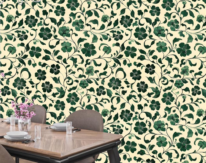 Vintage Retro Green Floral Botanical Wallpaper Mural – Removable Peel and Stick Permanent Traditional Wallpaper for Bedroom, Living Room