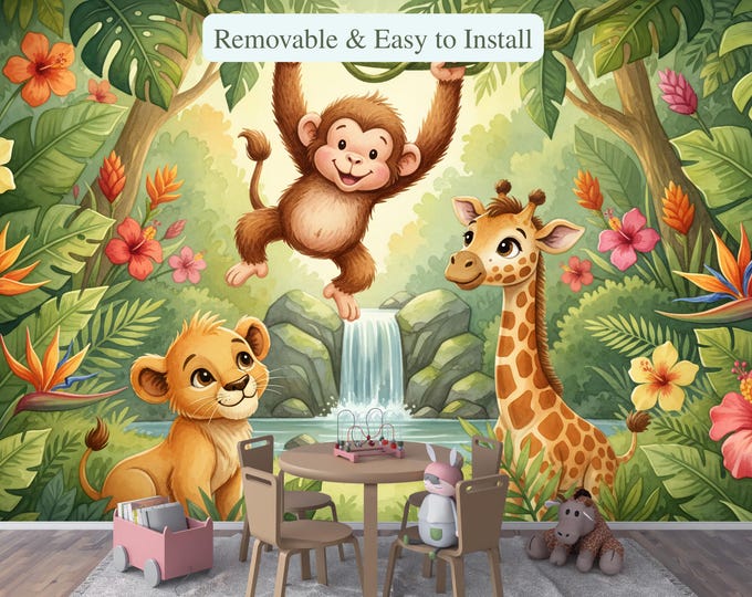 Jungle Safari Nursery Wallpaper Mural, Monkey Lion Giraffe Peel and Stick Wall Decal