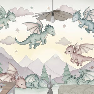 Baby Dragon Wallpaper Mural: Pastel Nursery Decor, Whimsical Woodland, Peel & Stick