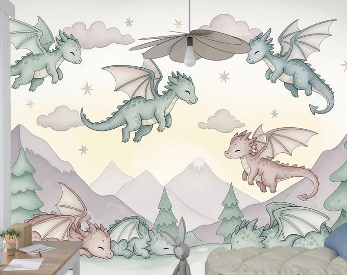 Baby Dragon Wallpaper Mural: Pastel Nursery Decor, Whimsical Woodland, Peel & Stick
