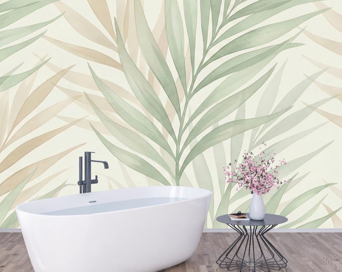 Neutral Botanical Palm Wallpaper – Soft Sage Leaf Peel and Stick