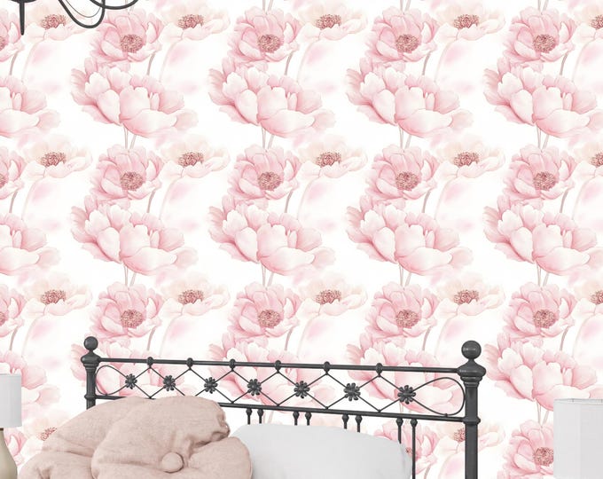 Soft Blush Pink Watercolor Peony Floral Wallpaper Mural – Peel and Stick or Prepasted Romantic Wallpaper for Nursery or Bedroom