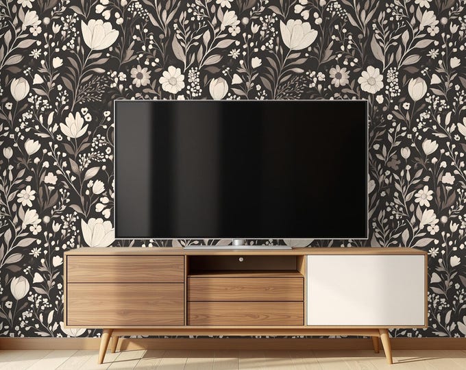 Dark Floral Wallpaper Mural, Vintage Botanical Peel and Stick, Moody Cottagecore Accent Wall, Beige and Black Removable Wall Decor