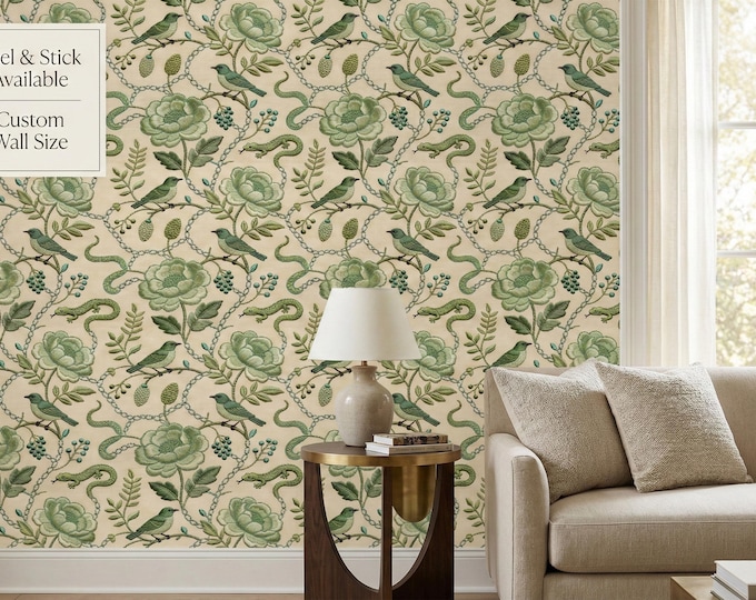Chinoiserie Bird Floral Wallpaper, Embroidered Green Botanical Peel and Stick Wall Decor
