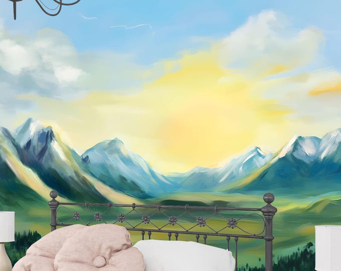 Mountain Landscape Wallpaper Mural – Hand Painted Style with Sunlit Valley and Snowy Peaks – Nature Peel and Stick Decor