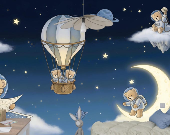 Astronaut Teddy Bear Wallpaper Mural: Whimsical Space Nursery Decor, Peel and Stick