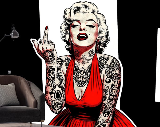 Edgy Tattoo Marilyn Monroe Wallpaper, Pop Art Wall Mural, Rebel Icon Peel & Stick,Bold Red Dress Alternative Decor for Statement Accent Wall