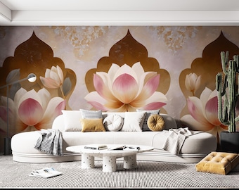 Lotus Flower Wallpaper Mural – Beige and Gold Oriental Peel & Stick Floral Wall Decor for Bedroom, Meditation Space or Spa Room