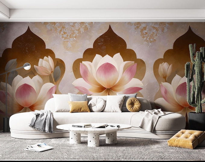 Lotus Flower Wallpaper Mural – Beige and Gold Oriental Peel & Stick Floral Wall Decor for Bedroom, Meditation Space or Spa Room
