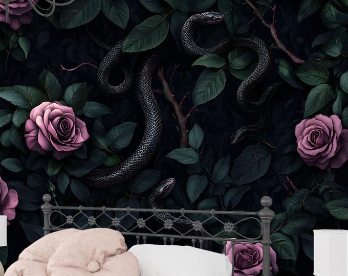 Gothic Rose and Snake Wallpaper | Dark Botanical Peel & Stick Mural | Witchcore Moody Floral Removable or Prepasted Alternative Wallpaper