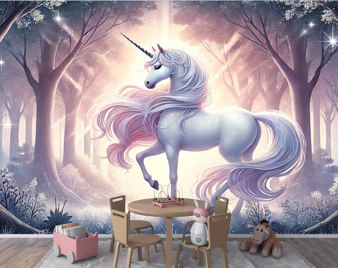 Pink Nursery Fantasy Unicorn Removable Wallpaper Mural - Peel and Stick Tile Wallpaper for Girls bedroom
