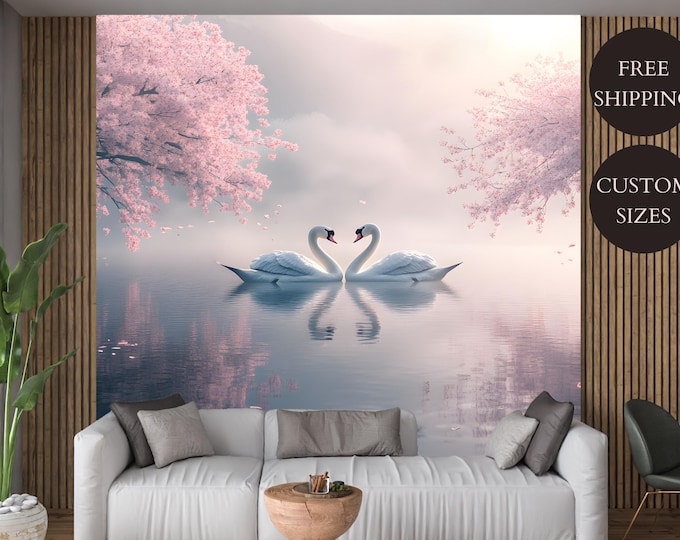 Foggy Pink Cherry Blossom Swan Peel and Stick Wallpaper Mural Decal for Bedroom or Living Room Décor