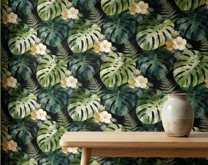 Dark Tropical Floral Wallpaper with Monstera Leaves and Cream Flowers Botanical Living Room Bedroom