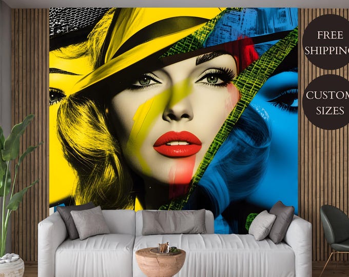 Retro Colorful Pop Art Movie Noir Style Wall Mural Wallpaper Decal – Glamorous Retro Decor for Bedroom, Living Room, Salon or Boutique