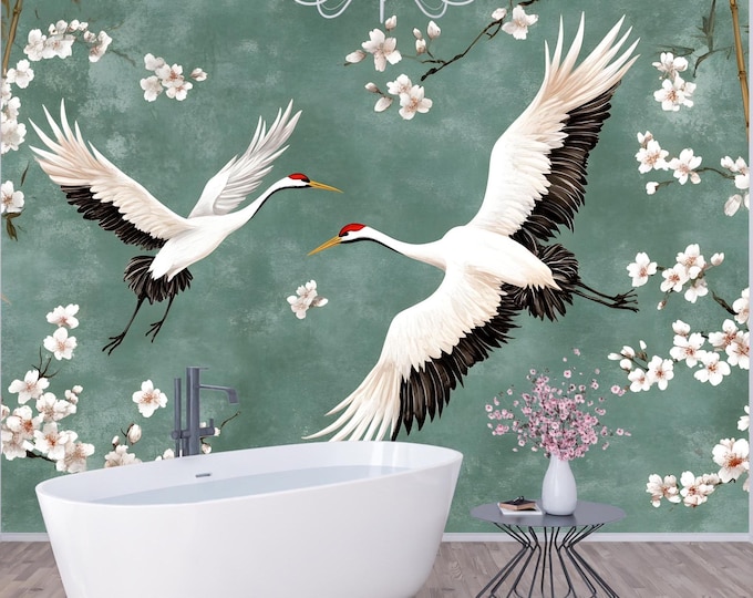 Oriental Bamboo and Cherry Blossoms with Crane Wallpaper Mural, Perfect for Bedrooms, Living Rooms, or Accent Walls,Removable Peel and Stick