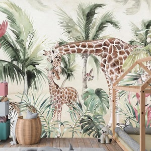 Jungle Safari Wildlife Wallpaper for children with animals Peel and Stick Wallpaper, Animals Wall Mural, Jungle Removable Wallpaper