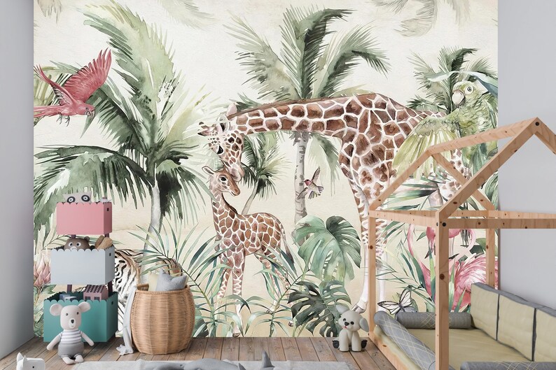 Jungle Safari Wildlife Wallpaper for children with animals Peel and Stick Wallpaper, Animals Wall Mural, Jungle Removable Wallpaper