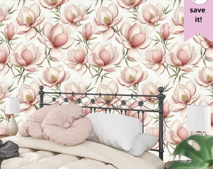 Blush Pink Magnolia Wallpaper Mural: Elegant Floral Peel and Stick Décor