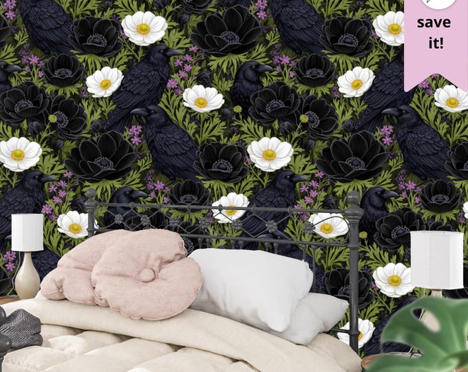 Gothic Crow Peel and Stick Wallpaper: Dark Floral Raven Mural