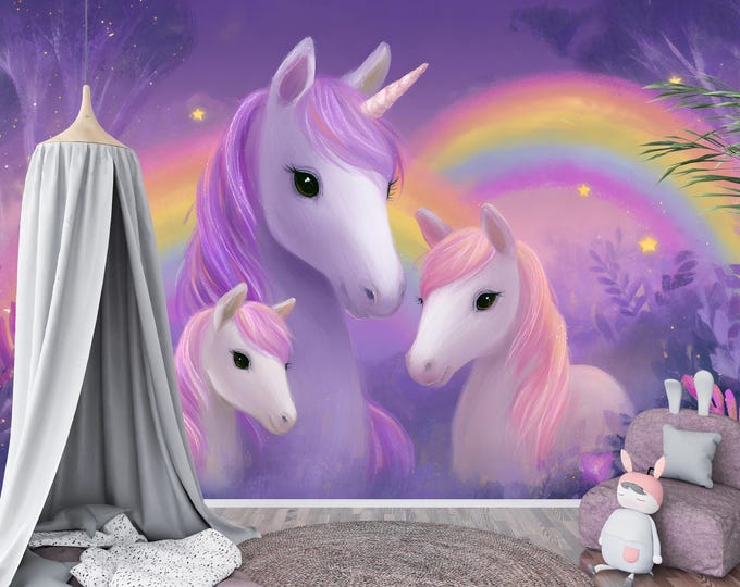 Unicorn Wallpaper Mural – Rainbow Pastel Peel & Stick Wall Decor, Removable Kids Wallpaper for Girls Bedroom or Nursery Fairy Tale Theme