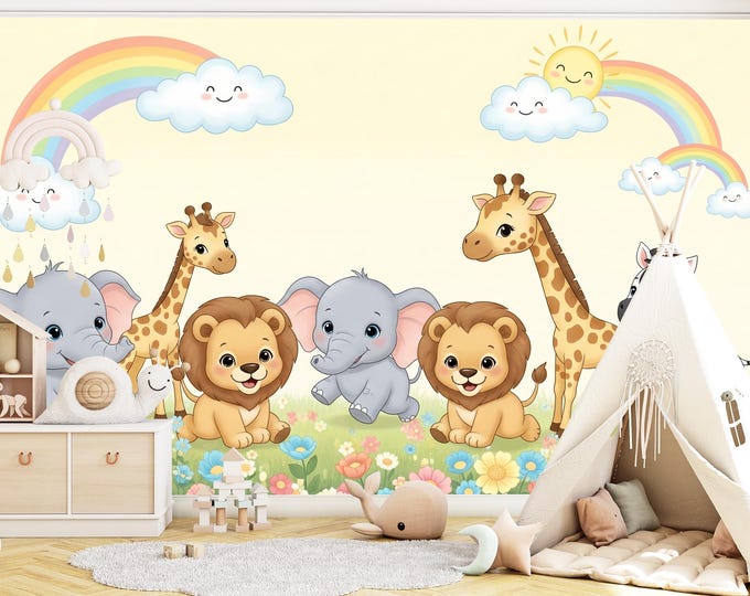 Cute Safari Animals Nursery Wallpaper, Watercolor Rainbow Wall Mural, Jungle Baby Animals Peel & Stick for Gender Neutral Playroom Decor