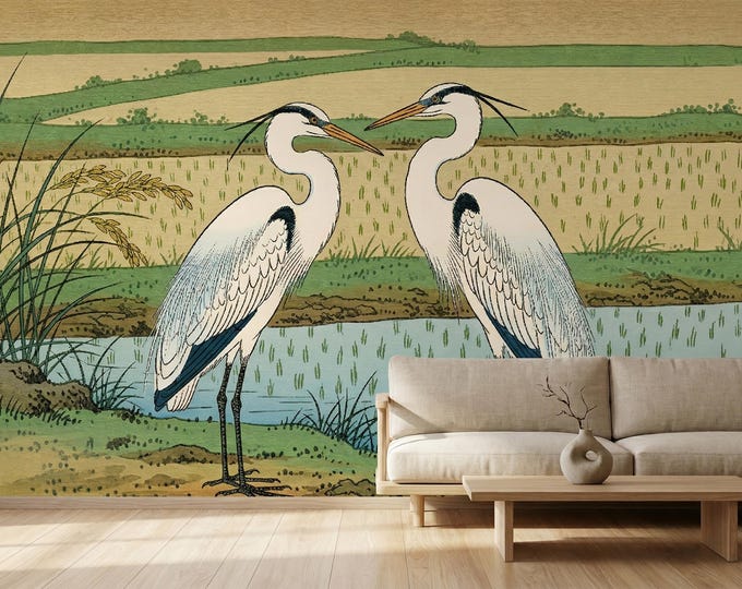 Japanese Egret Peel & Stick Wallpaper — Watercolor Rice Field, Zen Nature Wall Mural