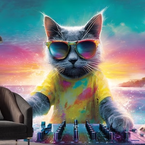 Carta da parati Cool Cat DJ - Carta da parati murale rimovibile, decorazione per feste in spiaggia, tessuto ecologico, design tropicale vibrante
