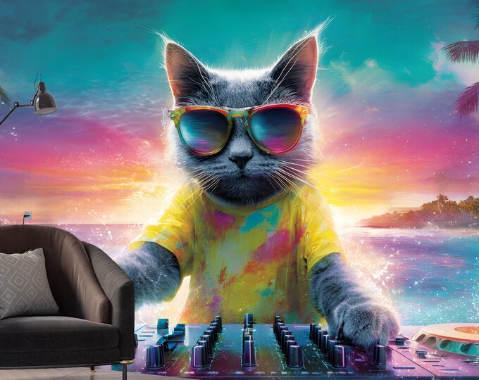 Cool Cat DJ Wallpaper – Peel & Stick Removable Wall Mural, Beach Party Decor, Eco-Friendly Fabric, Tropical Vibrant Design
