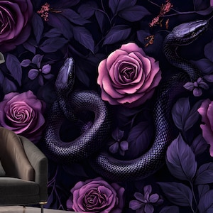 Dark Snake and Rose Wallpaper | Gothic Floral Wall Mural for Witchcore Bedroom, Moody Interiors, Peel and Stick or PrePasted Gothic Wall