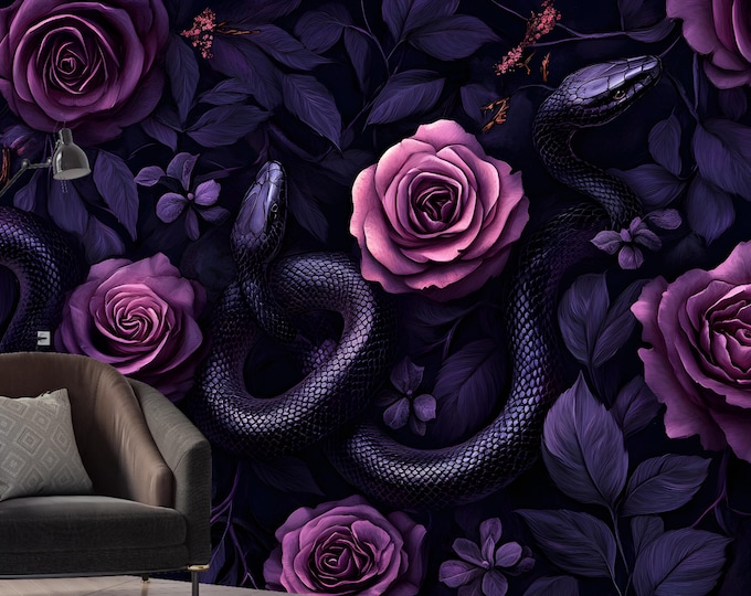 Dark Snake and Rose Wallpaper – Gothic Floral Wall Mural – Purple Snake Botanical Wallpaper – Peel and Stick or PrePasted Wallpaper