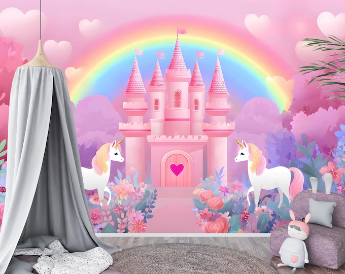 Pink Unicorn Castle Wallpaper Mural | Princess Rainbow Wall Art | Magical Girl’s Room Decor | Custom Fairy Tale Peel and Stick Mural