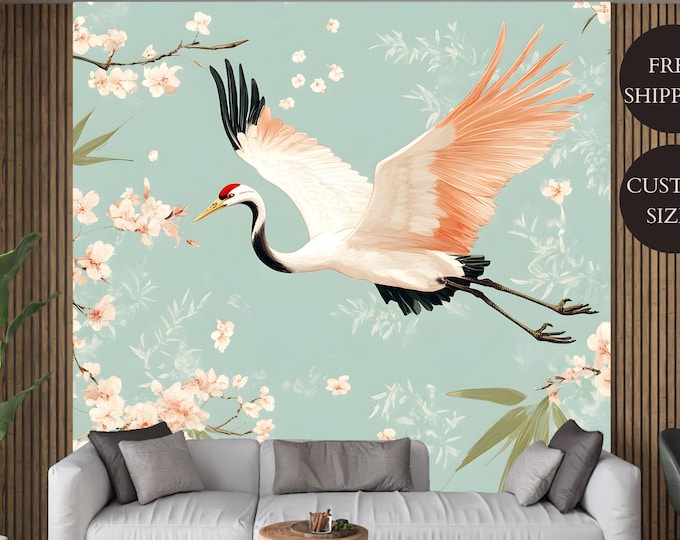Elegant Japanese Crane and Cherry Blossom Wallpaper Mural - Peel and Stick Wall Art for Home Renovation, Eco Friendly Bamboo Themed Decor