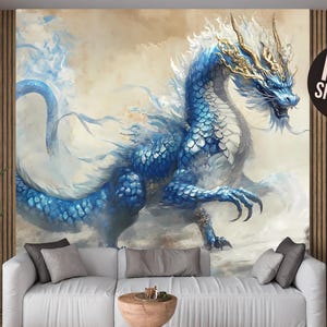 Blue Dragon Wallpaper Mural: Fantasy Peel and Stick Wall Decal