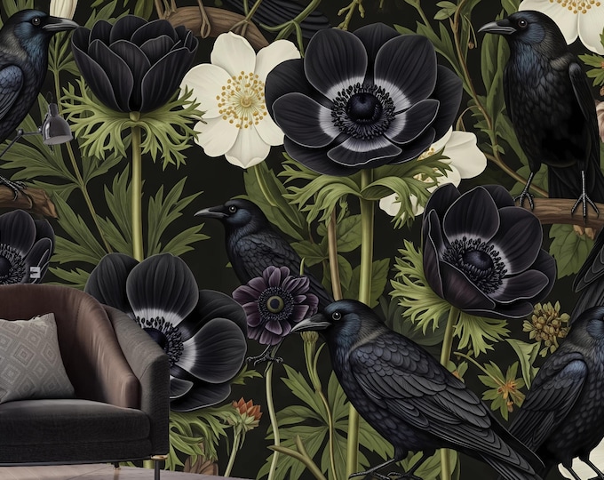 Gothic Raven Floral Wallpaper Mural: Peel & Stick Dark Botanical Wall Decor for Moody Bedrooms