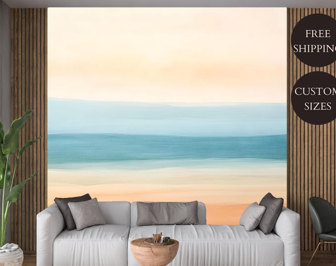 Peach and Blue Coastal Ocean Peel and Stick Wallpaper Mural - Gradient Wall Art in Blue and Peach, Canvas, Vinyl, or Prepasted Ocean Decor