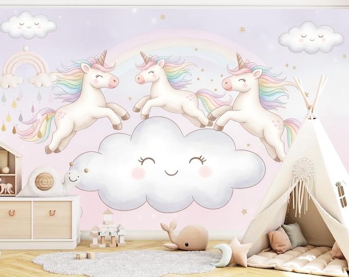 Dreamy Unicorn Cloud Wallpaper, Rainbow Nursery Mural, Magical Girls Room Peel and Stick Decal