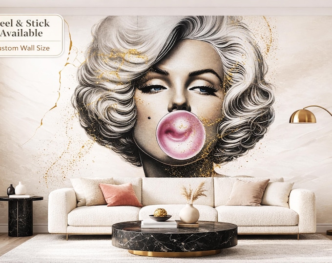 Glamour Blonde Bubblegum Peel and Stick Mural, Gold Pop Art Feature Wall Wallpaper