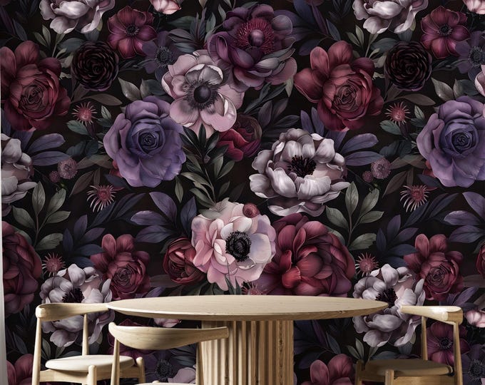 Dark Floral Wallpaper – Luxury Vintage Rose Peel and Stick Mural | Moody Botanical Wall Decor for Elegant Living & Bedroom Interiors