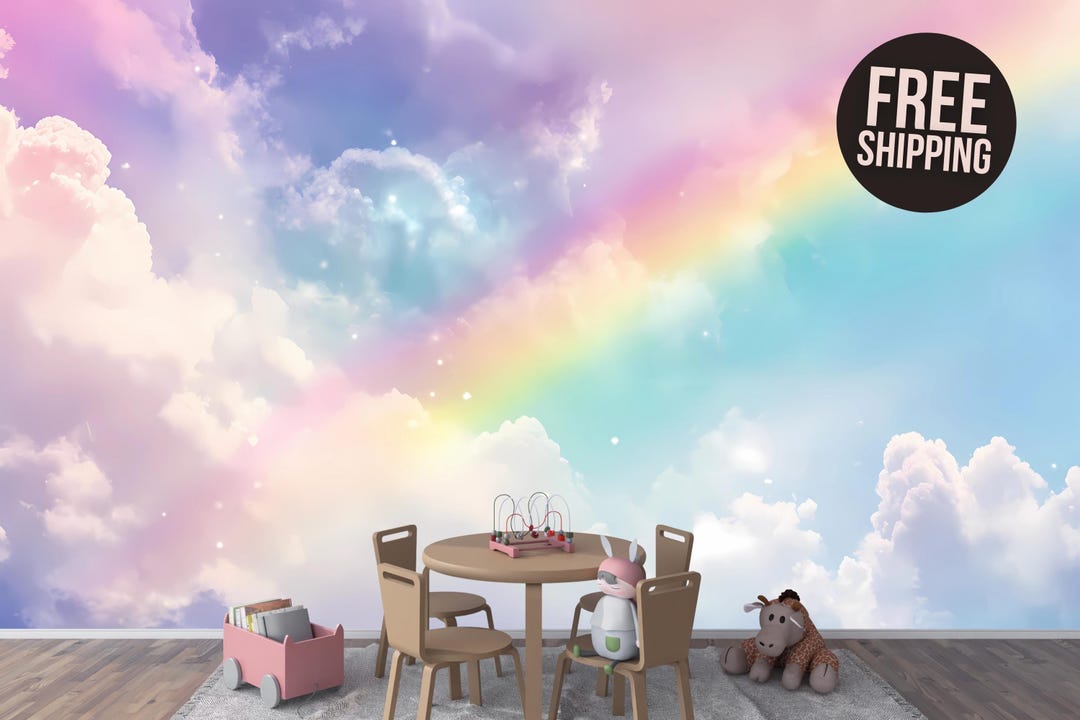 Nursery Watercolor Rainbow Peel and Stick Wallpaper Mural Decal ...